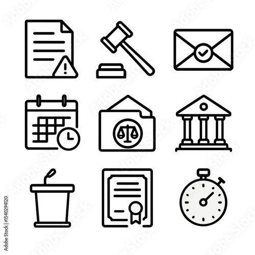 Asylum Appeal Icons. Outline icon set of asylum appeal procedures: appeal letter, gavel hammer, sealed envelope, court building,