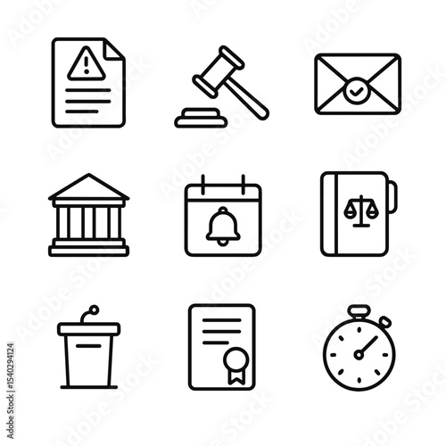 Asylum Appeal Icons. Outline icon set of asylum appeal procedures: appeal letter, gavel hammer, sealed envelope, court building,