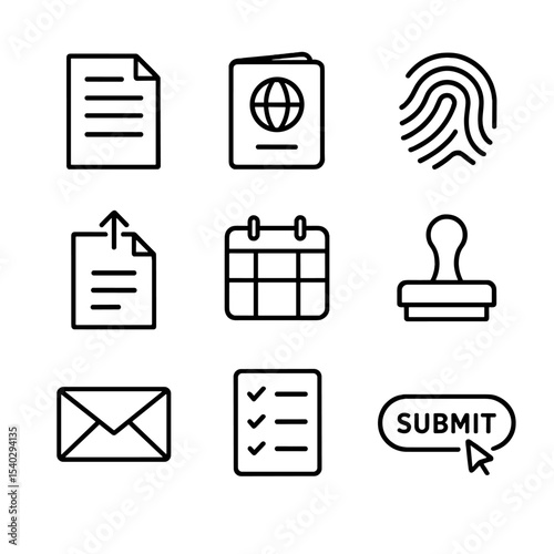 Asylum Application Icons. Outline icon set of asylum application process: application form, passport, fingerprint scan, document