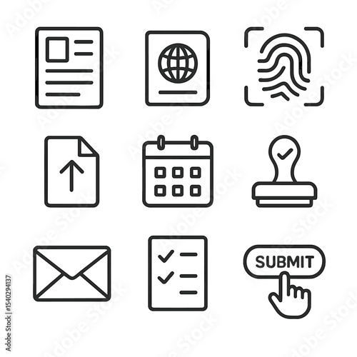 Asylum Application Icons. Outline icon set of asylum application process: application form, passport, fingerprint scan, document