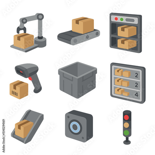 Automated Order Icons. Isometric Flat icon set of automated order picking systems: robotic picker arm, conveyor belt,