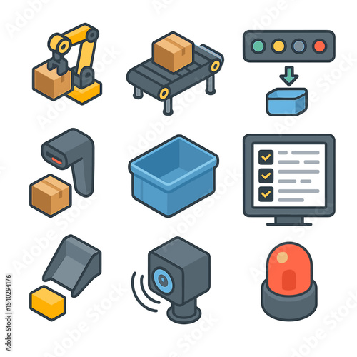 Automated Order Icons. Isometric Flat icon set of automated order picking systems: robotic picker arm, conveyor belt,