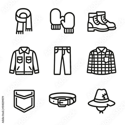 Autumn Attire Icons. Outline icon set of autumn harvest attire: knit scarf, wool mittens, leather boots, corduroy jacket, canvas