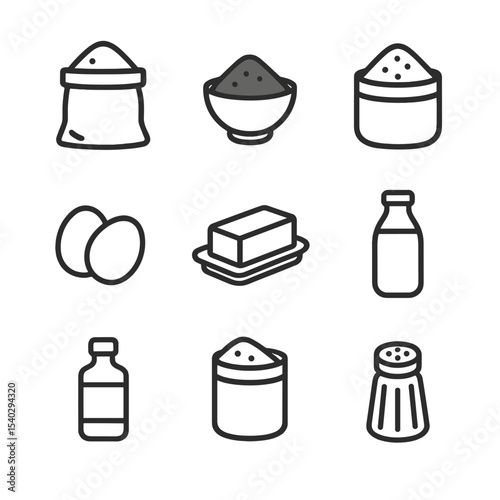 Baking Ingredients Icons. Outline icon set of baking ingredients: flour, cocoa powder, sugar, eggs, butter, milk, vanilla extract,