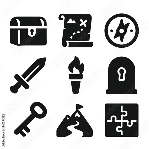 Adventure Game Icons. Solid, filled icons set of adventure game elements: treasure chest, map scroll, compass,