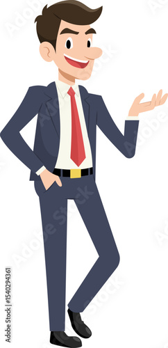 The Confident Presenter: A distinguished businessman, radiating confidence in his attire, gestures with an open palm as if sharing valuable insights or extending a warm invitation.