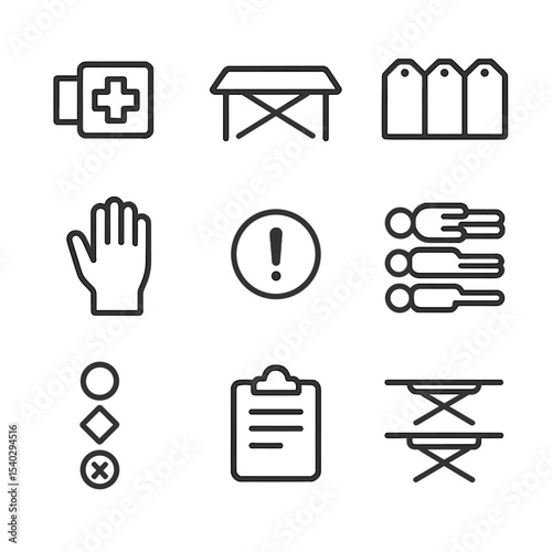 Battlefield Triage Icons. Outline icon set of battlefield triage: red cross armband, casualty sorting table, triage tags, urgent