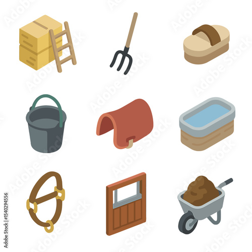 Barn Care Icons. Isometric Flat icon set of barn and stable care: hayloft ladder, stall mucking fork, groom brush, feed bucket,
