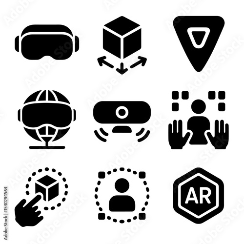AR_VR Learning Icons. Solid, filled icons set of AR/VR learning aids: VR headset, 3D model, AR marker,