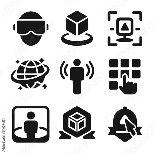 AR_VR Learning Icons. Solid, filled icons set of AR/VR learning aids: VR headset, 3D model, AR marker,