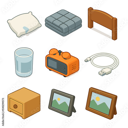 Bedroom Accessories Icons. Isometric Flat icon set of bedroom accessories: pillow with drool spot, weighted blanket, mattress,