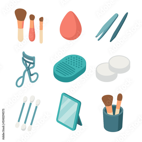 Beauty Tools Icons. Isometric Flat icon set of beauty tools: makeup brushes, beauty blender sponge, tweezers, eyelash curler,