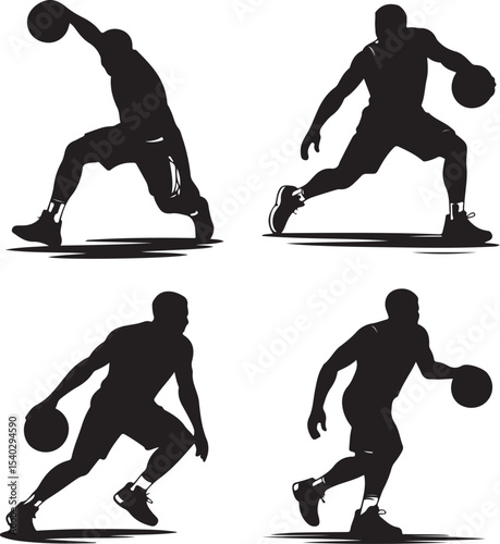 Basketball Player Dribbling Silhouette Set — Crossover, Behind the Back, Low Dribble, Drive, Hesitation — Black Vector Icons on White