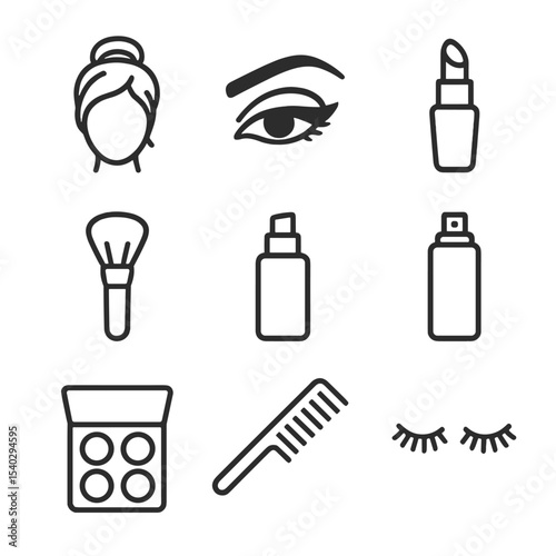 Beauty Icon Set. Outline icon set of hair and makeup: updo hairstyle, smoky eye makeup, red lipstick tube, contour brush,