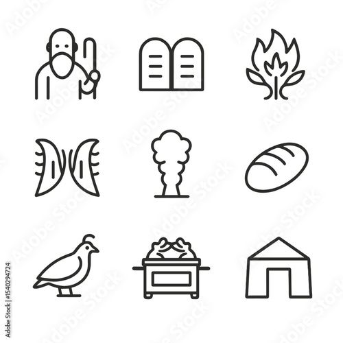 Biblical Journey Icons. Outline icon set of biblical Promised Land journey: Moses, stone tablets, burning bush, parted sea, pillar