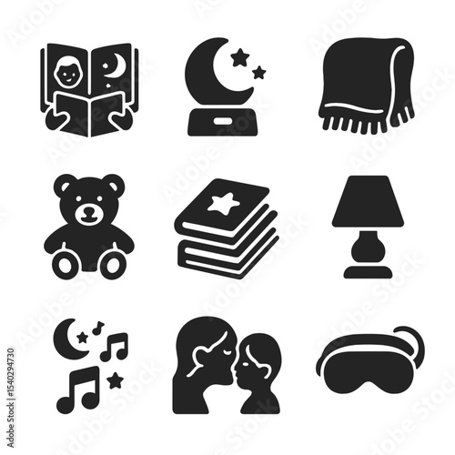 Bedtime Routine Icons. Solid, filled icons set of bedtime routines: bedtime story, nightlight, cozy blanket,