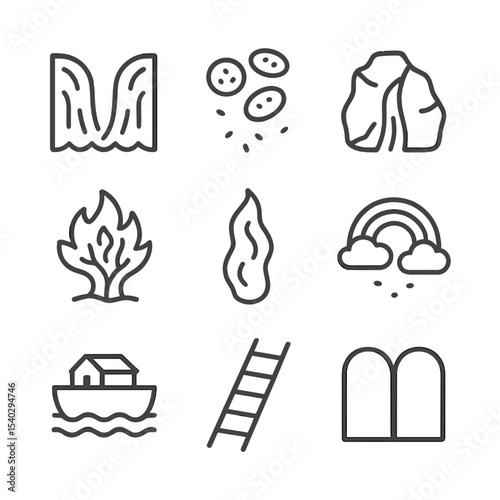 Biblical Miracles Icons. Outline icon set of Biblical miracles: parting sea, manna bread, water from rock, burning bush, pillar of