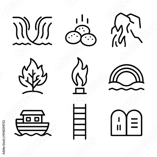 Biblical Miracles Icons. Outline icon set of Biblical miracles: parting sea, manna bread, water from rock, burning bush, pillar of
