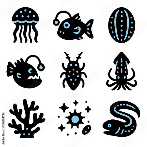 Bioluminescent Sea Icons. Solid, filled icons set of bioluminescent sea life: glowing jellyfish, lanternfish,