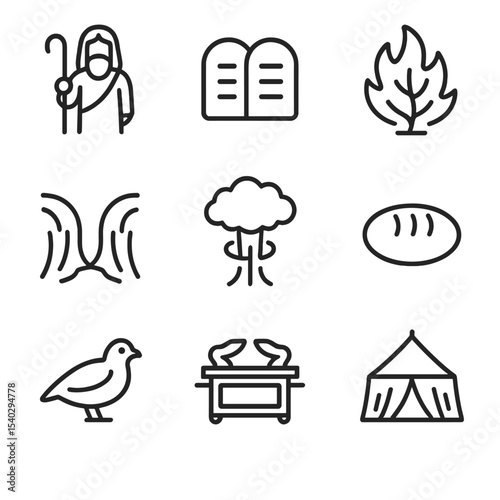 Biblical Journey Icons. Outline icon set of biblical Promised Land journey: Moses, stone tablets, burning bush, parted sea, pillar