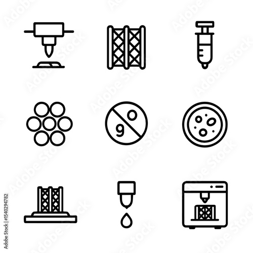 Bio-Printed Tissue Icons. Outline icon set of bio-printed human tissues in microgravity: 3D printer head, tissue scaffold, bio-ink