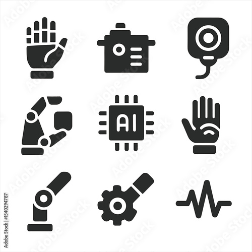 Bionic Prosthetic Icons. Solid, filled icons set of bionic and robotic prosthetics: robotic hand, servo motor,