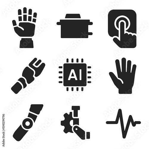 Bionic Prosthetic Icons. Solid, filled icons set of bionic and robotic prosthetics: robotic hand, servo motor,