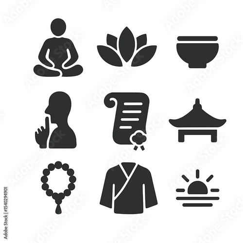 Buddhist Discipline Icons. Solid, filled icons set of Buddhist fasting and discipline: meditation pose, lotus