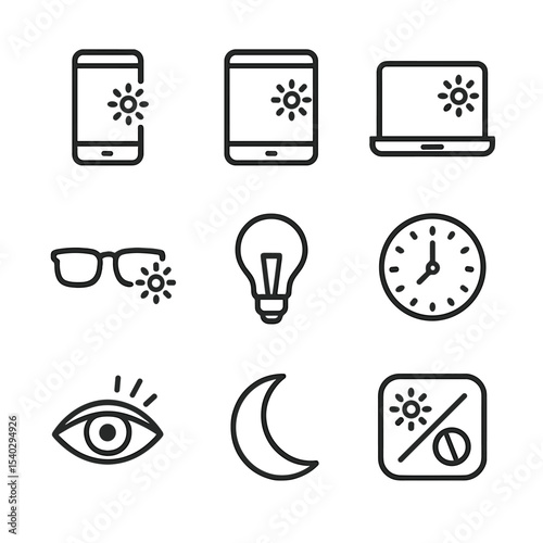 Blue Light Exposure Icons. Outline icon set of blue light exposure: smartphone screen, tablet screen, laptop display, blue filter