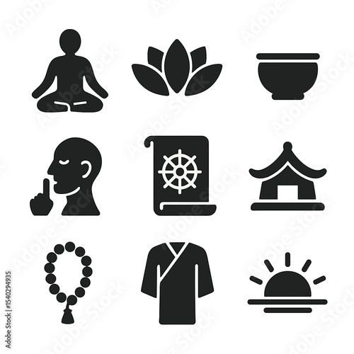 Buddhist Discipline Icons. Solid, filled icons set of Buddhist fasting and discipline: meditation pose, lotus