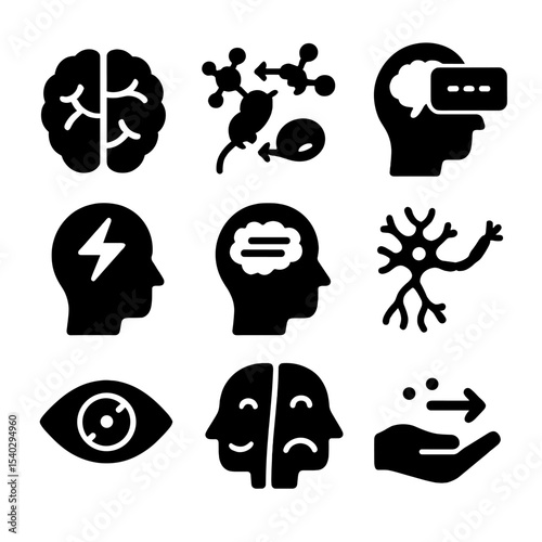 Brain Function Impact Icons. Solid, filled icons set of substance impact on brain function: brain icon,
