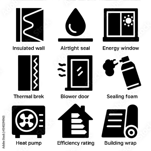 Building Efficiency Icons. Solid, filled icons set of building envelope efficiency: insulated wall section,