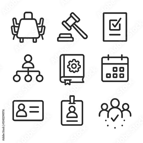 Board Responsibilities Icons. Outline icon set of Board of Directors responsibilities: boardroom table, chairperson gavel, voting