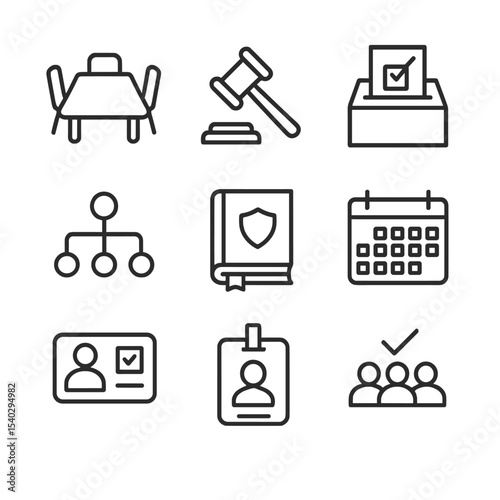 Board Responsibilities Icons. Outline icon set of Board of Directors responsibilities: boardroom table, chairperson gavel, voting