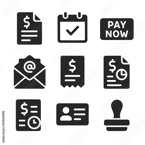 Business Invoice Icons. Solid, filled icons set of business invoice payments: invoice file, due date, pay now