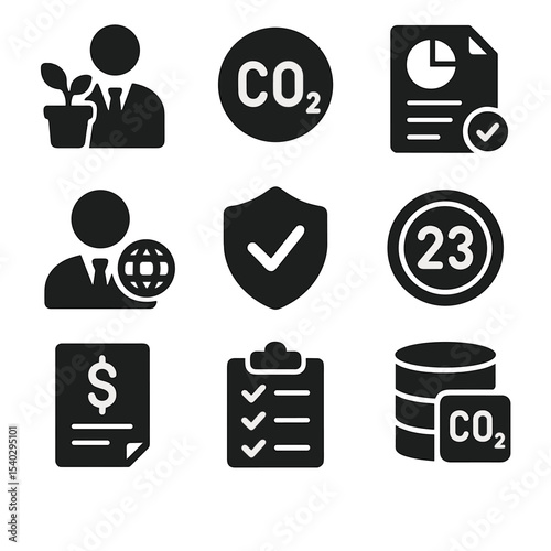 Carbon Market Icons. Solid, filled icons set of voluntary carbon markets: project developer, carbon token,