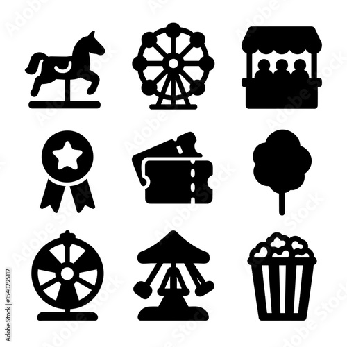 Carnival Icons Grid. Solid, filled icons set of carnival fun: carousel horse, Ferris wheel, game booth, prize