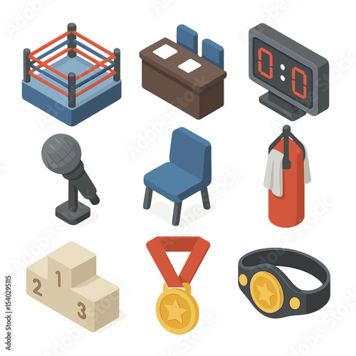 Boxing Event Icons. Isometric Flat icon set of punching bag event: competition ring, judge’s table, scoring board, announcer mic,