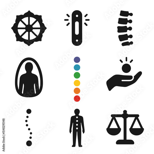 Chakra Icons Collection. Solid, filled icons set of chakra and energy flow: chakra wheel, energy beam, spine