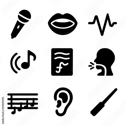 Children's Vocal Lesson Icons. Solid, filled icons set of children’s vocal lessons: microphone, singing mouth,