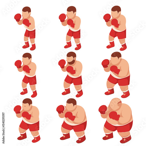 Boxing Weight Class Icons. Isometric Flat icon set of boxing weight classes: flyweight icon, bantamweight icon, lightweight icon,