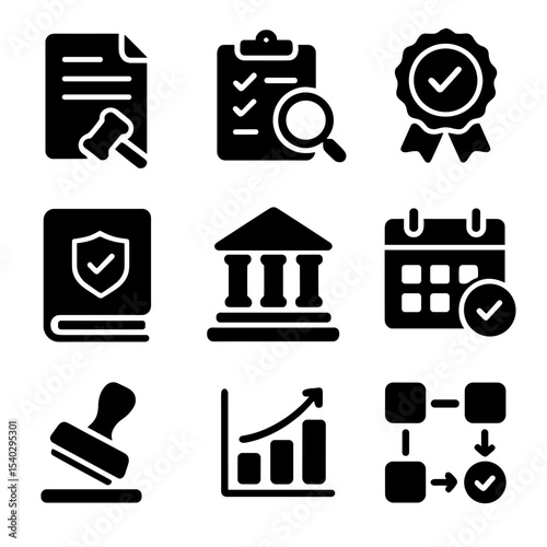Compliance Icons Grid. Solid, filled icons set of compliance and regulatory management: legal document, audit