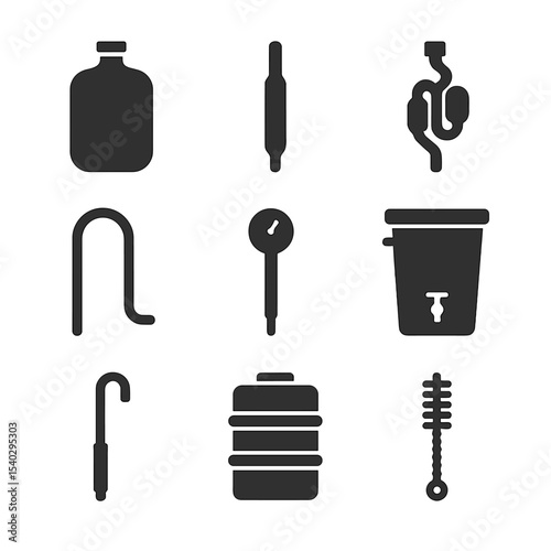 Brewing Equipment Icons. Solid, Filled icon set of brewing equipment tools: fermenter carboy, hydrometer, siphon tube, airlock,