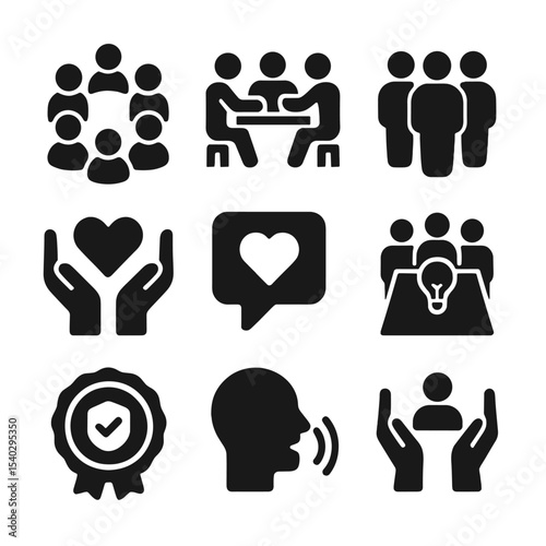 Community Engagement Icons. Solid, filled icons set of community and peer engagement for well-being: group
