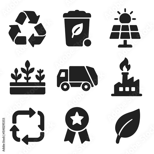 Community Recycling Icons. Solid, filled icons set of community waste recycling: recycling arrows, compost bin