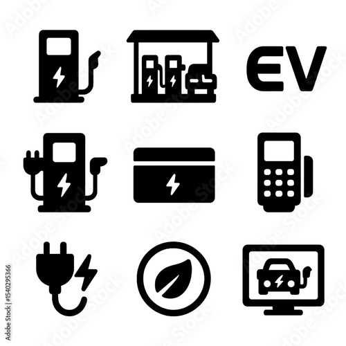 Commercial EV Charging Icons. Solid, filled icons set of commercial EV charging: business charger, fleet