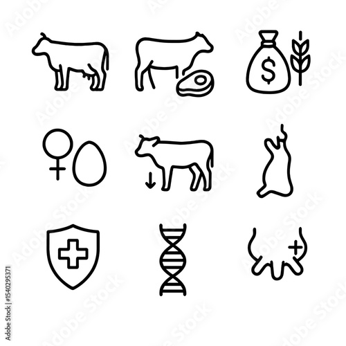 Breeding Criteria Icons. Outline icon set of breeding selection criteria: milk yield, meat yield, feed efficiency, fertility rate,