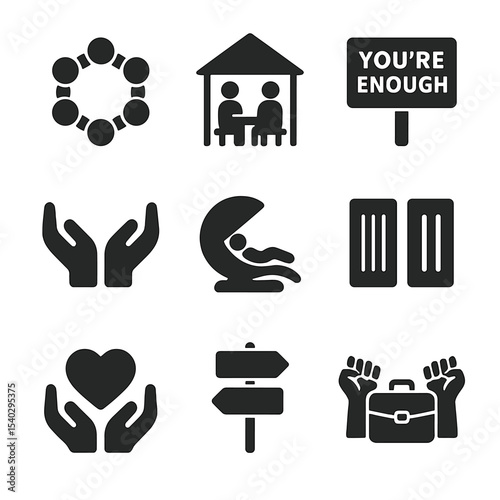 Community Support Icons. Solid, filled icons set of community support and rest culture: group circle, shared