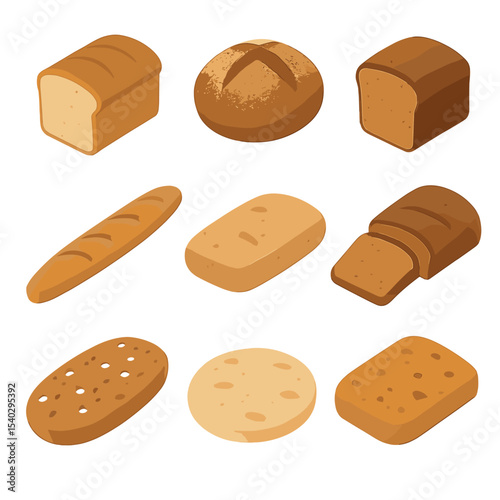 Bread Icon Collection. Isometric Flat icon set of bread types: white loaf, whole wheat, sourdough, baguette, ciabatta, rye,
