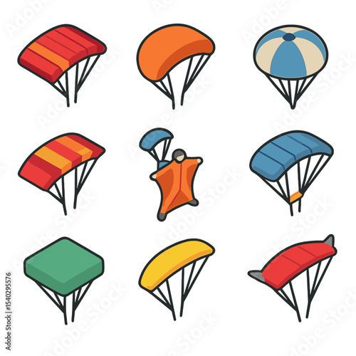 Canopy Icon Collection. Isometric Flat icon set of canopy types and styles: ram-air rectangular, elliptical performance, round